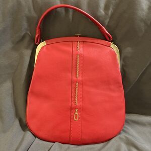 Fifth Avenue Vintage Oval Frame Bag Vibrant Red Gold Hardware Faux Leather